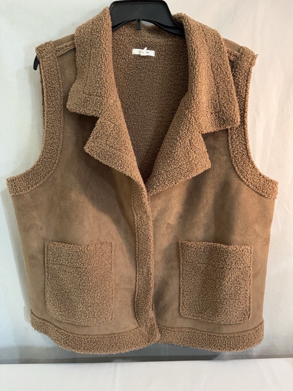 Maurices Vest Womens 1X Brown Sherpa Fleece Faux Suede Open Front Pockets 0054